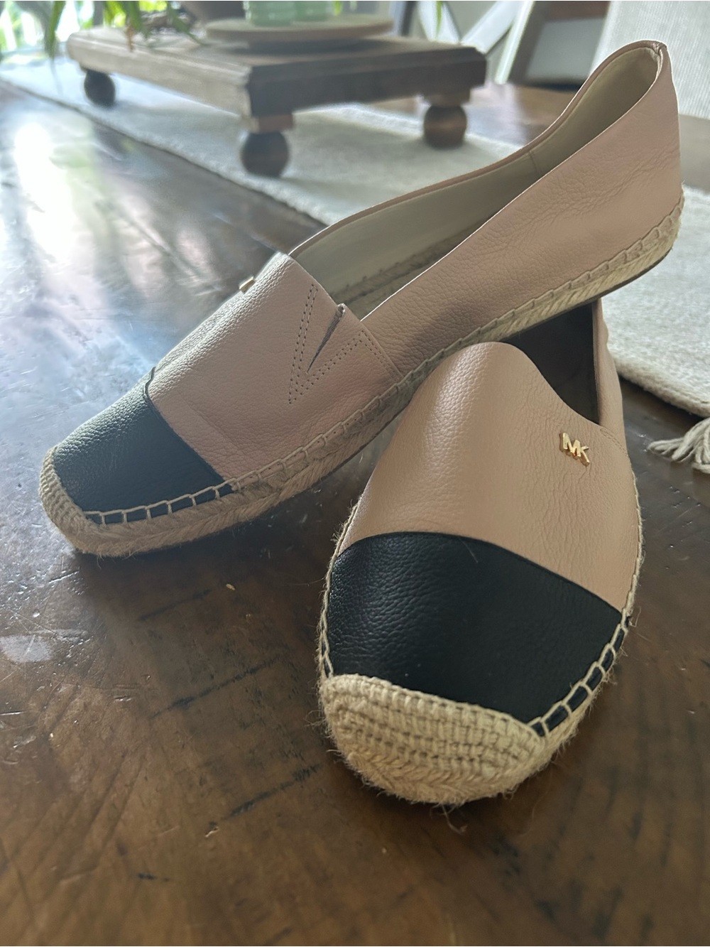 Michael Kors Blush Pink and Black Leather Espadrille Flats